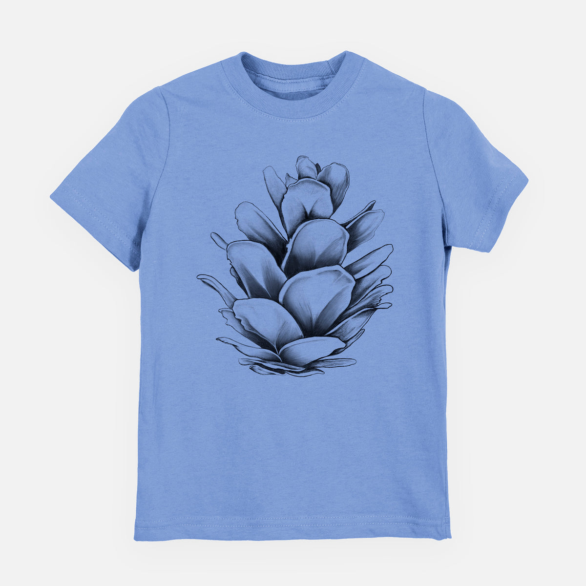 Carolina blue youth t-shirt laid flat, printed with a detailed black ink illustration of a western hemlock pine cone.