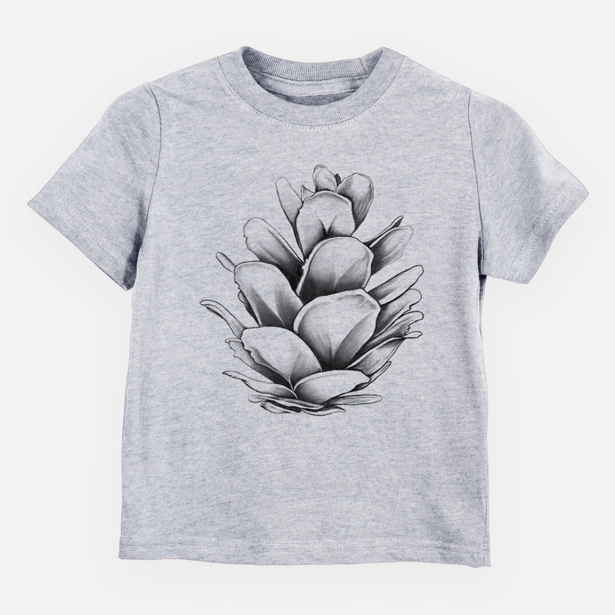 Heather grey toddler t-shirt laid flat, printed with a detailed black ink illustration of a western hemlock pine cone.