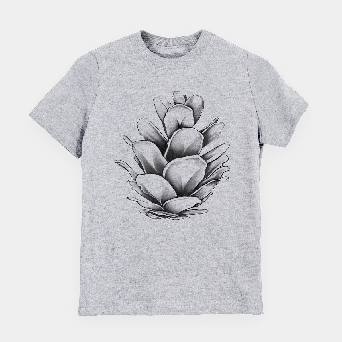 Heather grey youth t-shirt laid flat, printed with a detailed black ink illustration of a western hemlock pine cone.