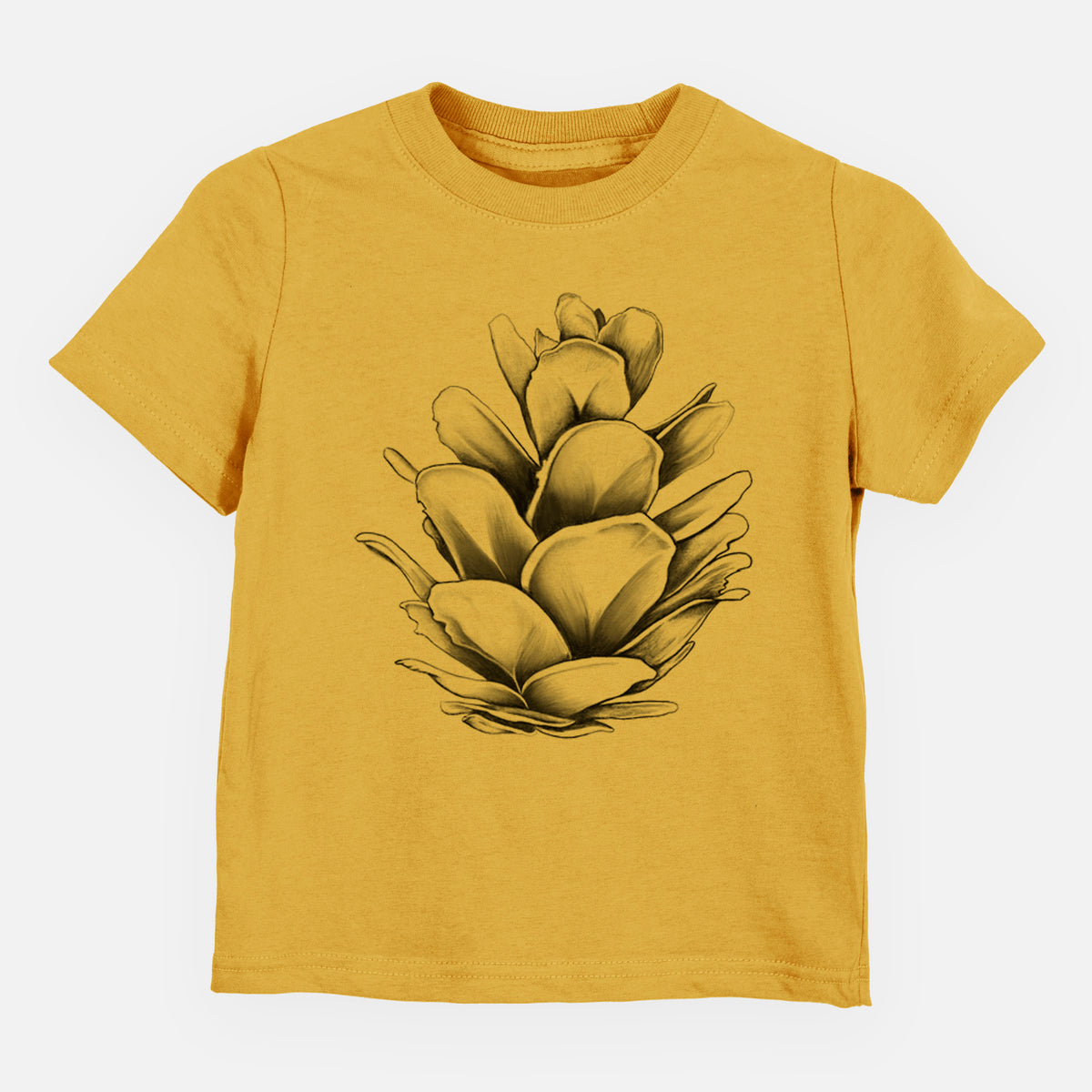 Honeycomb yellow toddler t-shirt laid flat, printed with a detailed black ink illustration of a western hemlock pine cone.