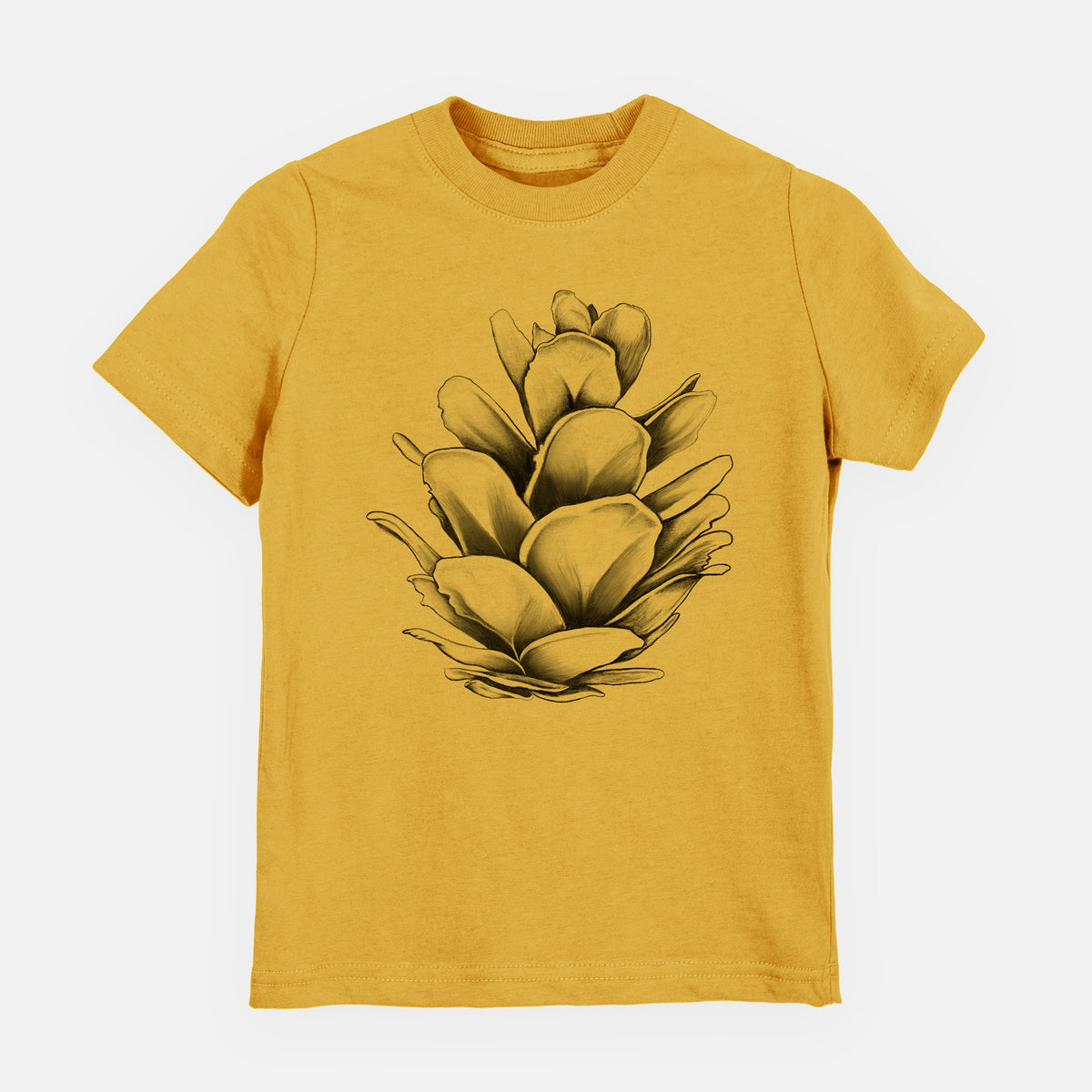 Honeycomb yellow youth t-shirt laid flat, printed with a detailed black ink illustration of a western hemlock pine cone.