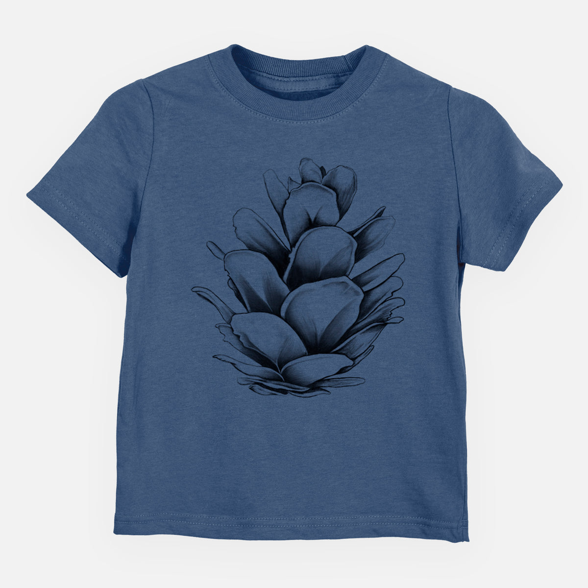 Indigo blue toddler t-shirt laid flat, printed with a detailed black ink illustration of a western hemlock pine cone.
