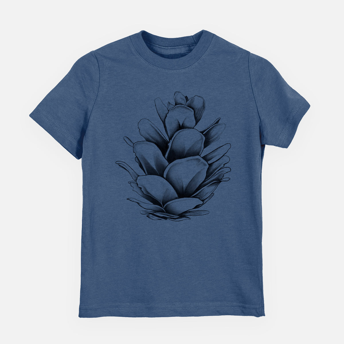 Indigo blue youth t-shirt laid flat, printed with a detailed black ink illustration of a western hemlock pine cone.