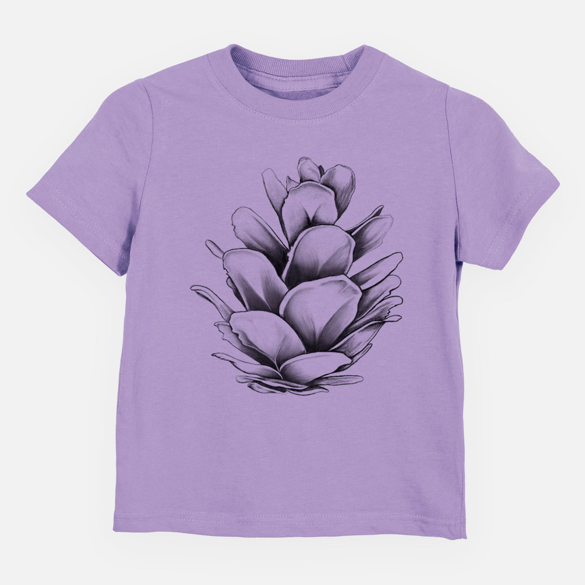 Lavender toddler t-shirt laid flat, printed with a detailed black ink illustration of a western hemlock pine cone.