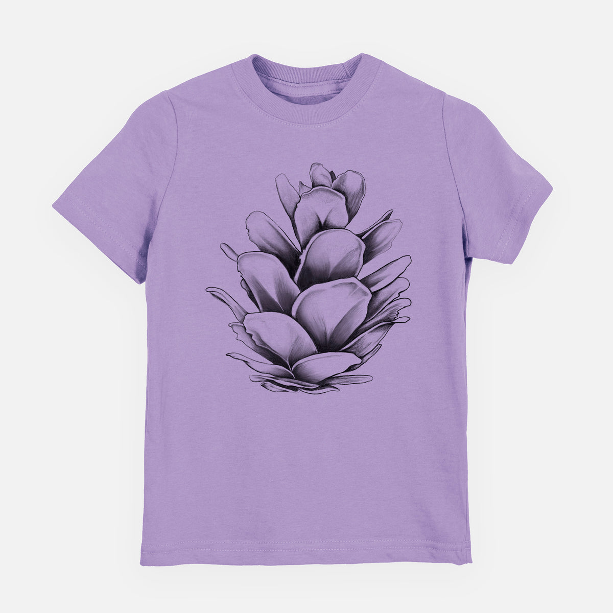 Lavender youth t-shirt laid flat, printed with a detailed black ink illustration of a western hemlock pine cone.