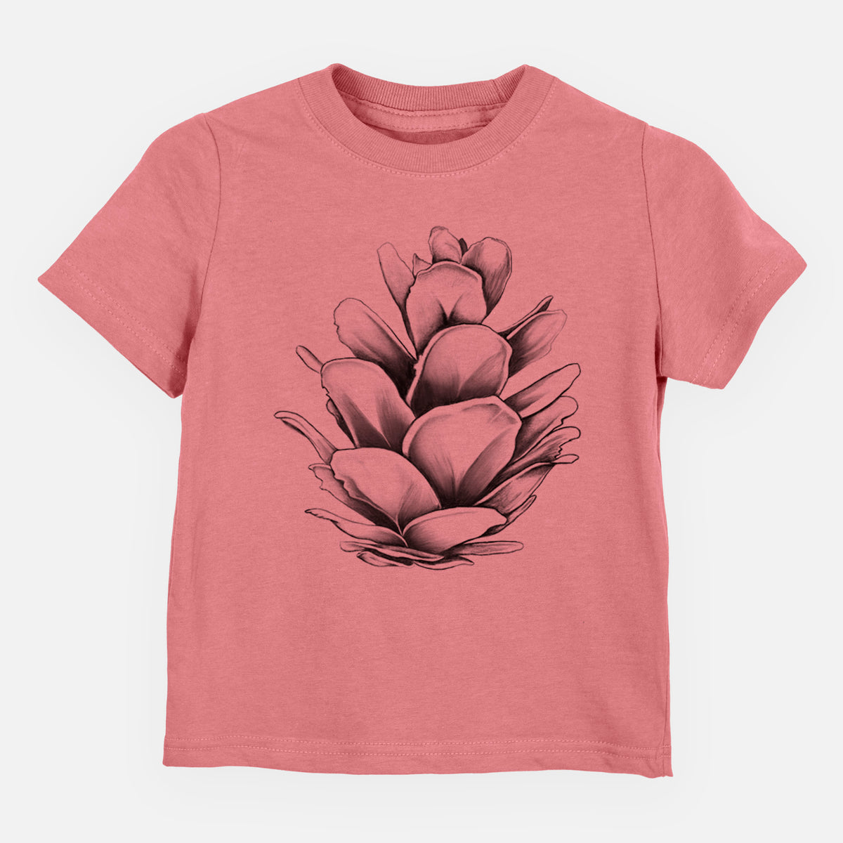 Mauve pink toddler t-shirt laid flat, printed with a detailed black ink illustration of a western hemlock pine cone.