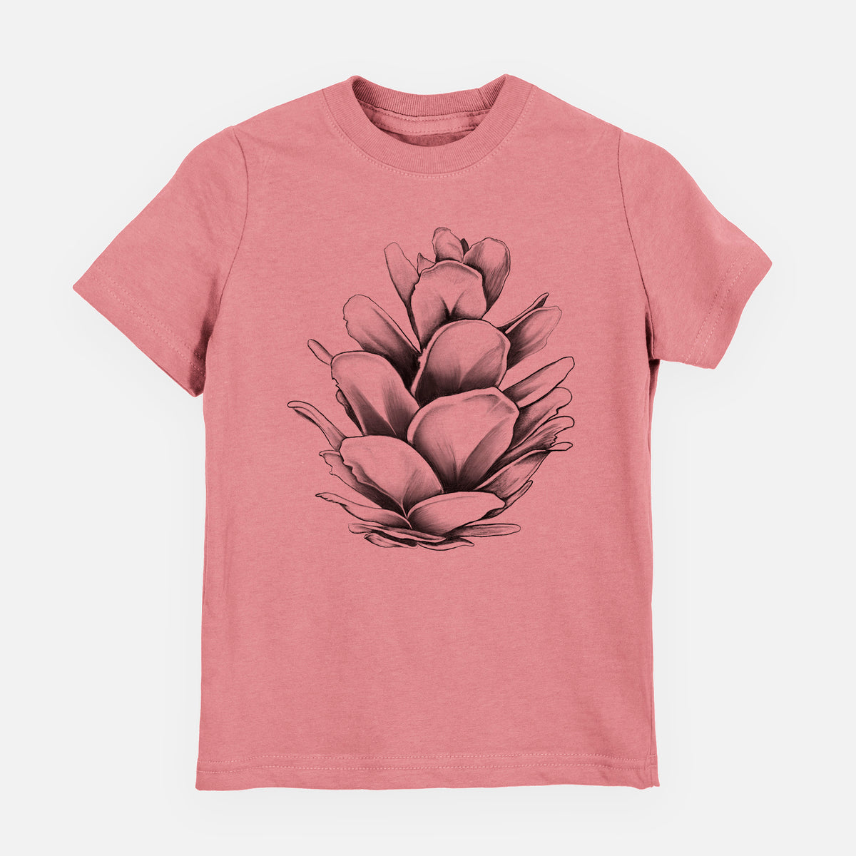 Mauve pink youth t-shirt laid flat, printed with a detailed black ink illustration of a western hemlock pine cone.