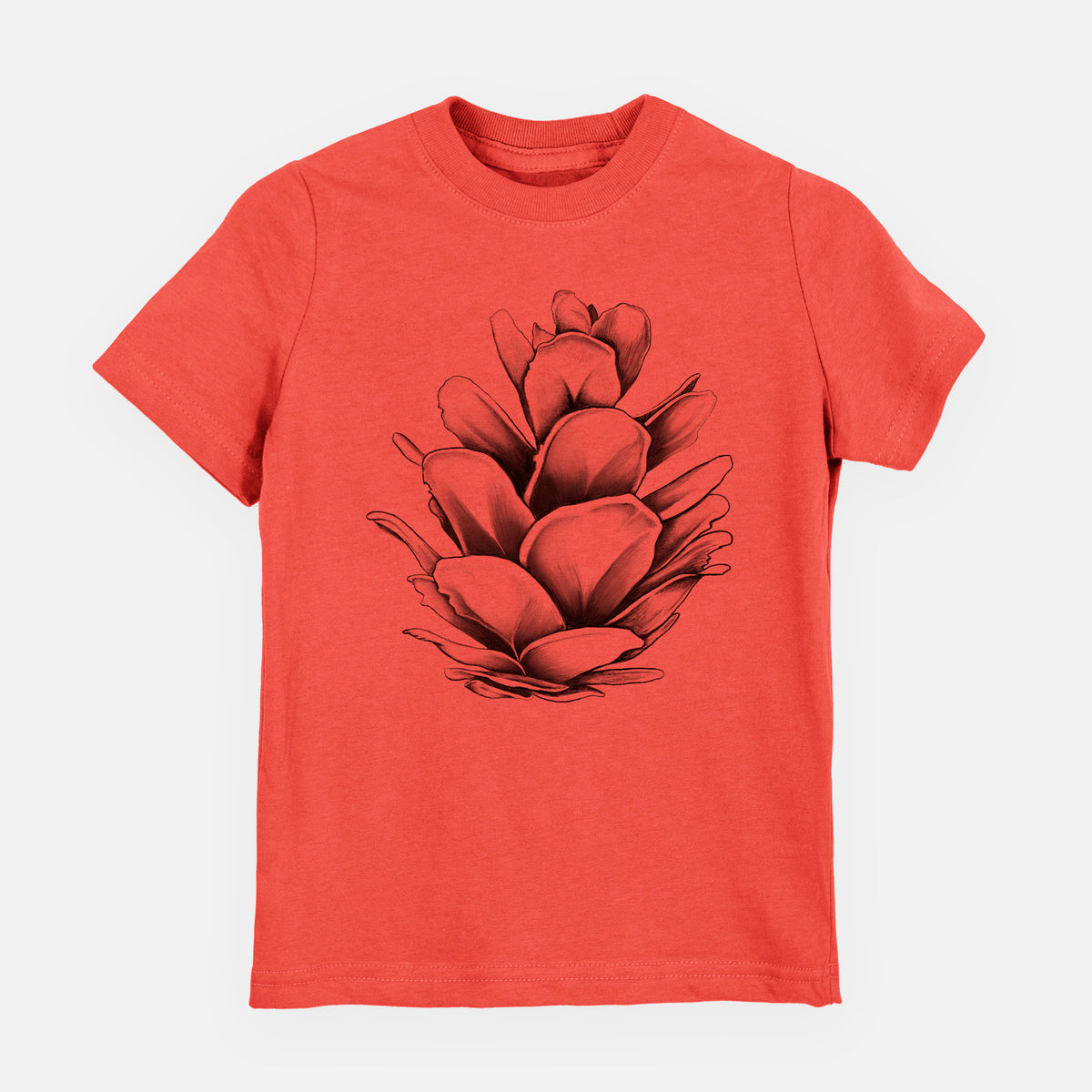 Passionfruit pink youth t-shirt laid flat, printed with a detailed black ink illustration of a western hemlock pine cone.