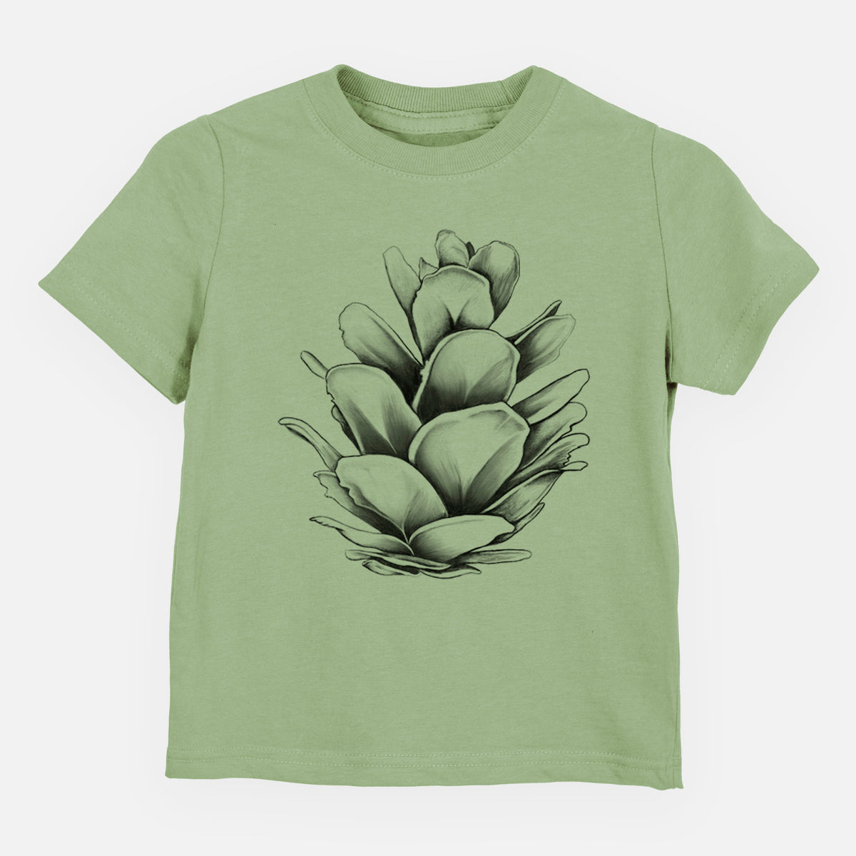Sage green toddler t-shirt laid flat, printed with a detailed black ink illustration of a western hemlock pine cone.