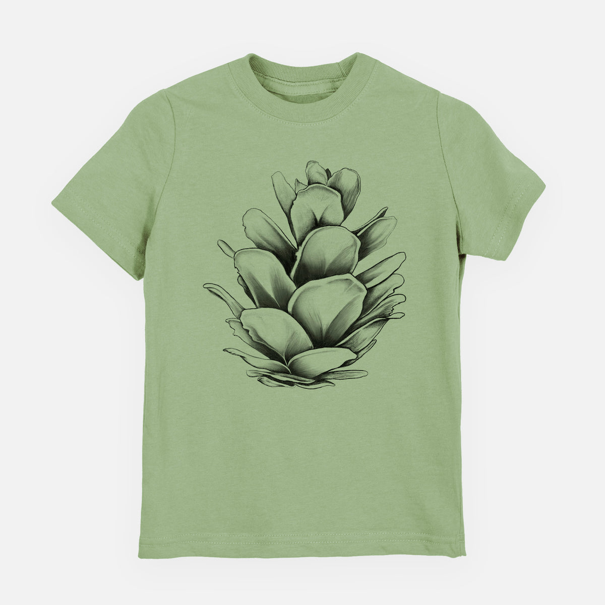 Sage green youth t-shirt laid flat, printed with a detailed black ink illustration of a western hemlock pine cone.
