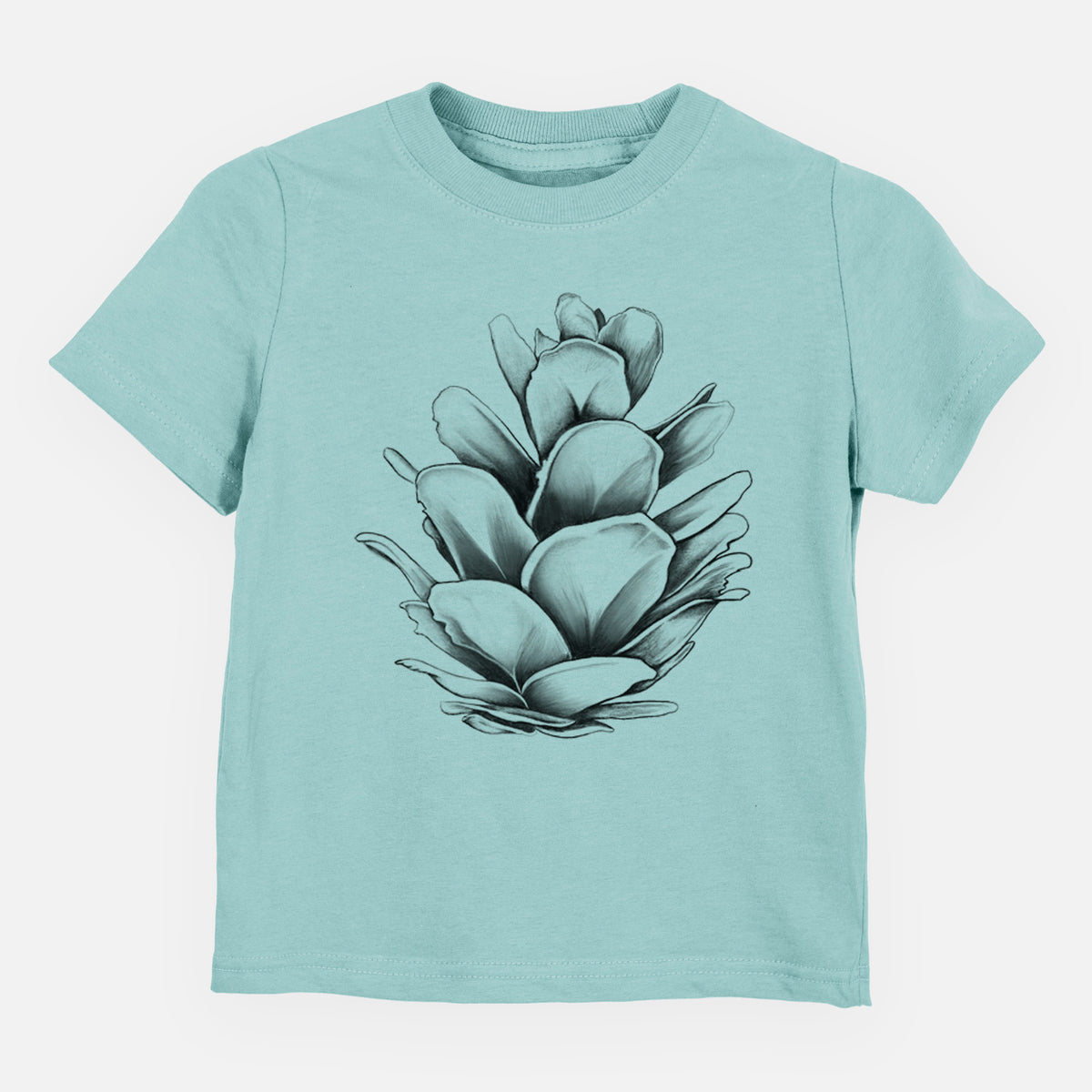 Saltwater toddler t-shirt laid flat, printed with a detailed black ink illustration of a western hemlock pine cone.
