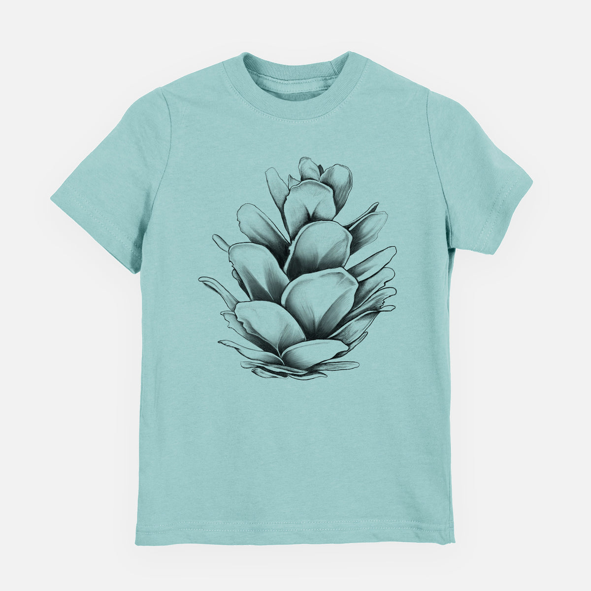 Saltwater youth t-shirt laid flat, printed with a detailed black ink illustration of a western hemlock pine cone.