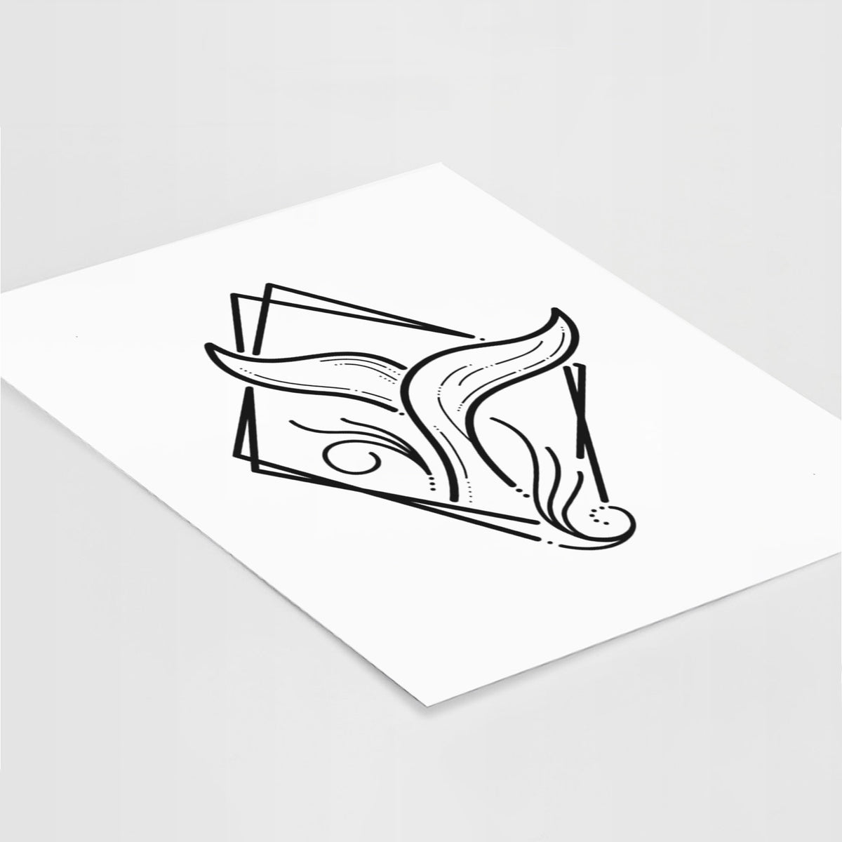 Art print of a black line art whale tail rising from a wave inside a diamond outline, lying at an angle on a white surface.