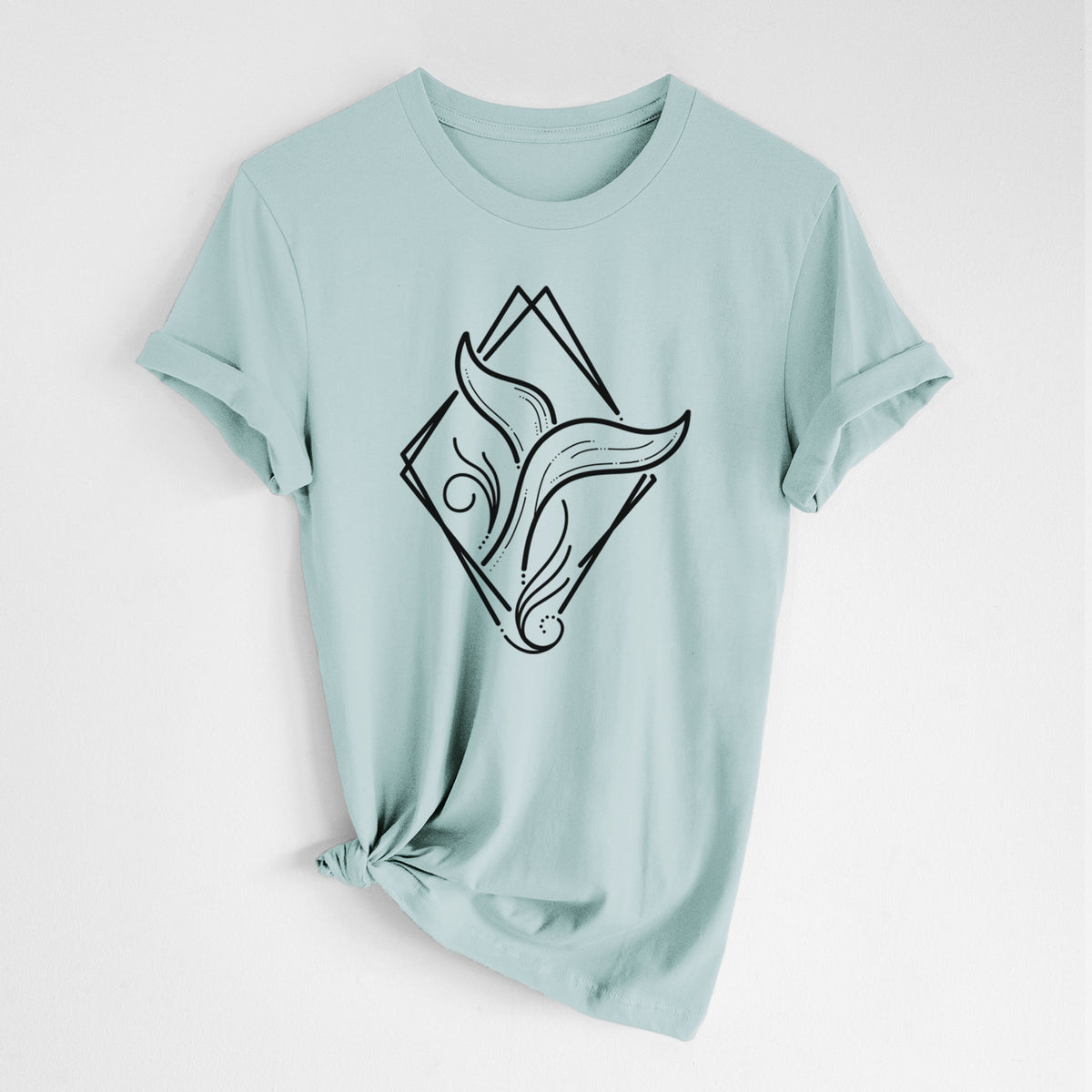 Dusty blue lightweight cotton t-shirt laid flat with the sleeves rolled, printed with a black line art whale tail rising from a wave inside a diamond outline.