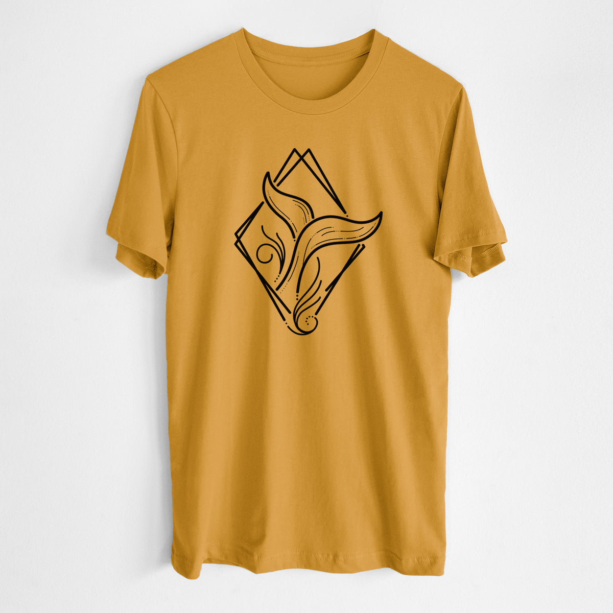 Honeycomb yellow lightweight cotton t-shirt laid flat, printed with a black line art whale tail rising from a wave inside a diamond outline.
