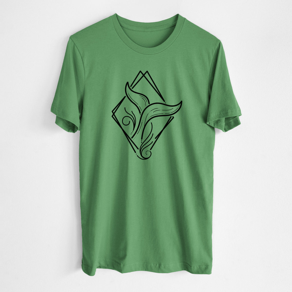 Leaf green lightweight cotton t-shirt laid flat, printed with a black line art whale tail rising from a wave inside a diamond outline.