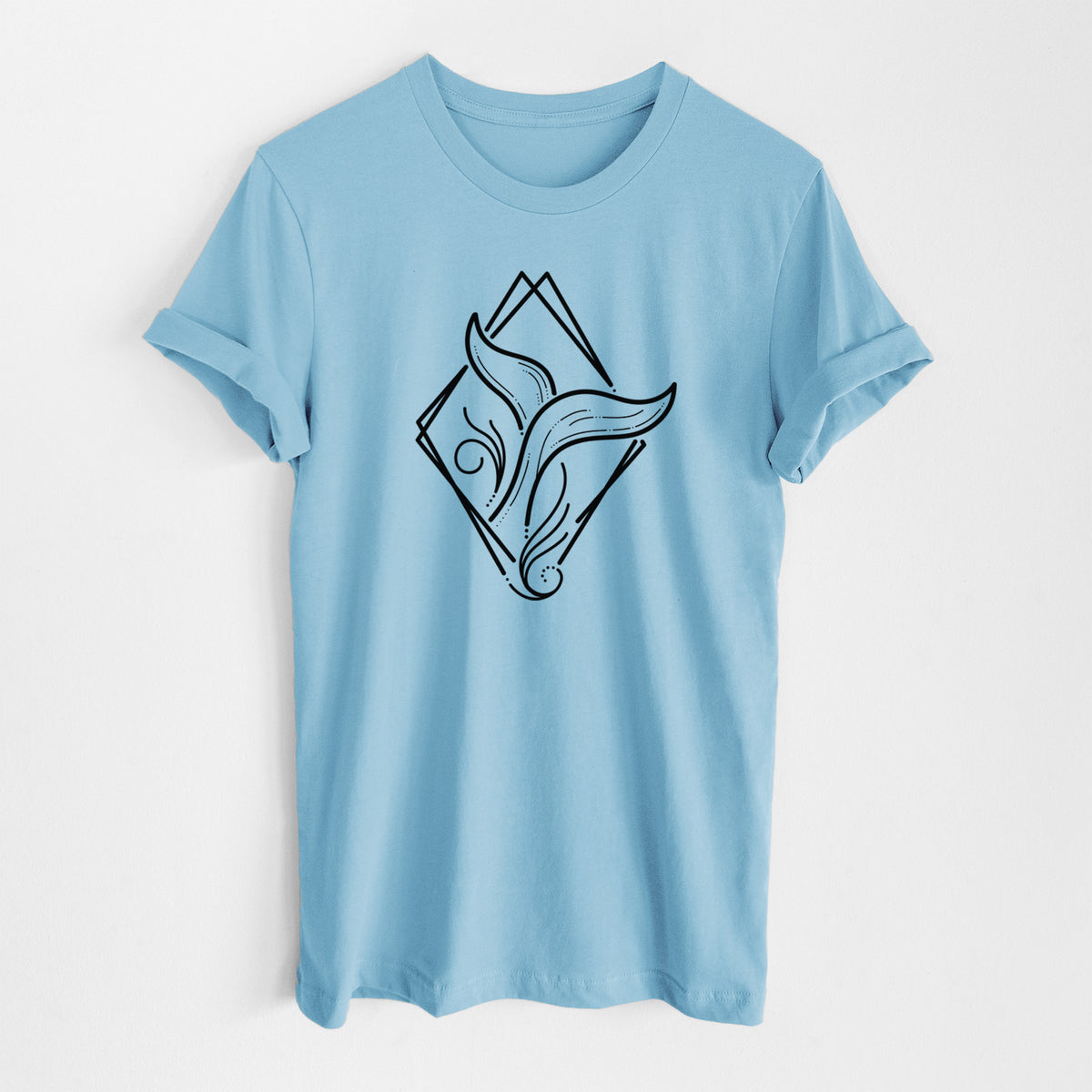 Ocean blue lightweight cotton t-shirt laid flat, printed with a black line art whale tail rising from a wave inside a diamond outline.
