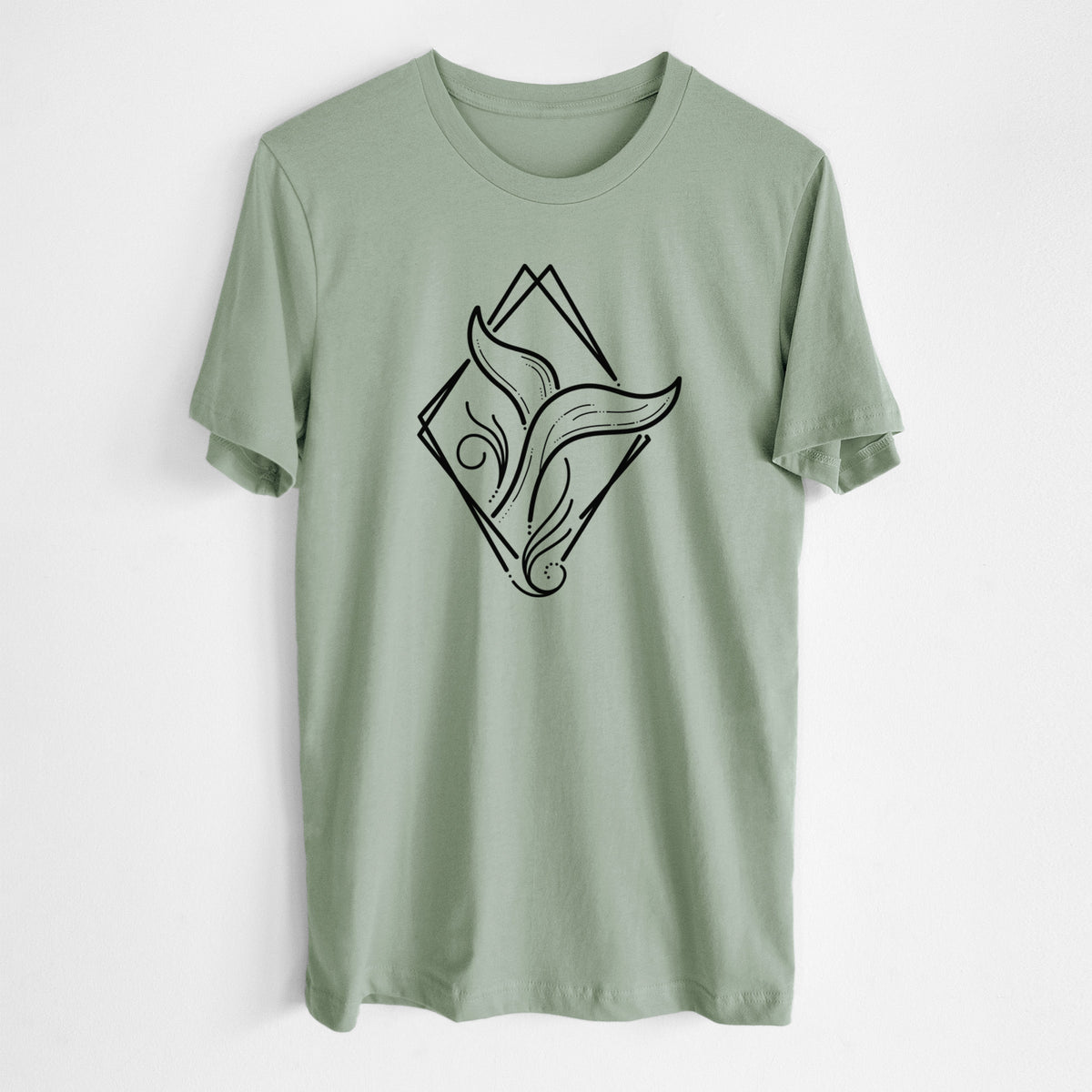 Sage green lightweight cotton t-shirt laid flat, printed with a black line art whale tail rising from a wave inside a diamond outline.
