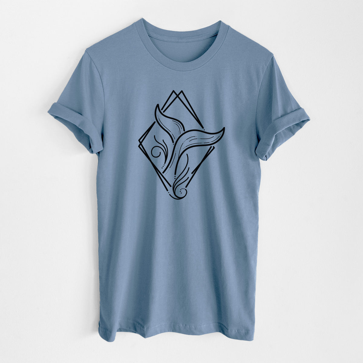 Steel blue lightweight cotton t-shirt laid flat, printed with a black line art whale tail rising from a wave inside a diamond outline.