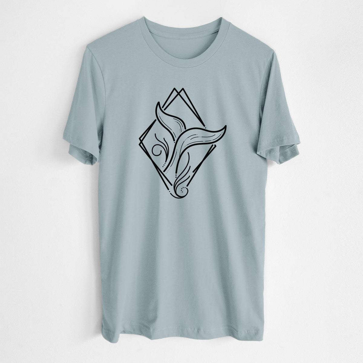 Vintage denim lightweight cotton t-shirt laid flat, printed with a black line art whale tail rising from a wave inside a diamond outline.