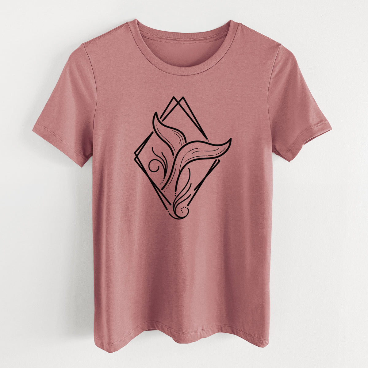 Mauve pink women's relaxed fit cotton t-shirt laid flat, printed with a black line art whale tail rising from a wave inside a diamond outline.