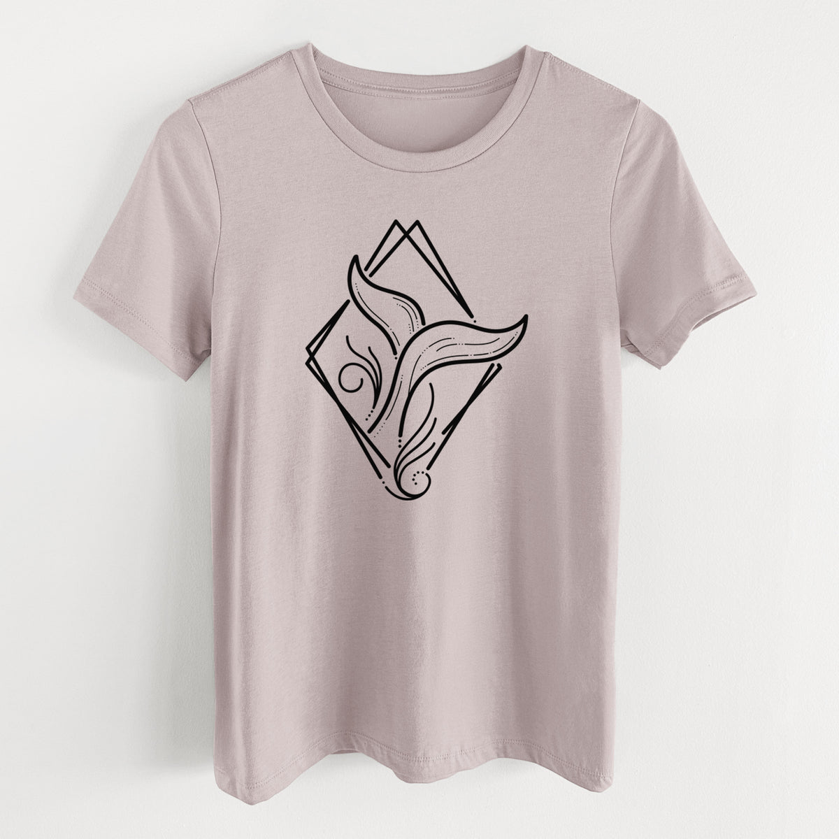 Pink gravel women's relaxed fit cotton t-shirt laid flat, printed with a black line art whale tail rising from a wave inside a diamond outline.
