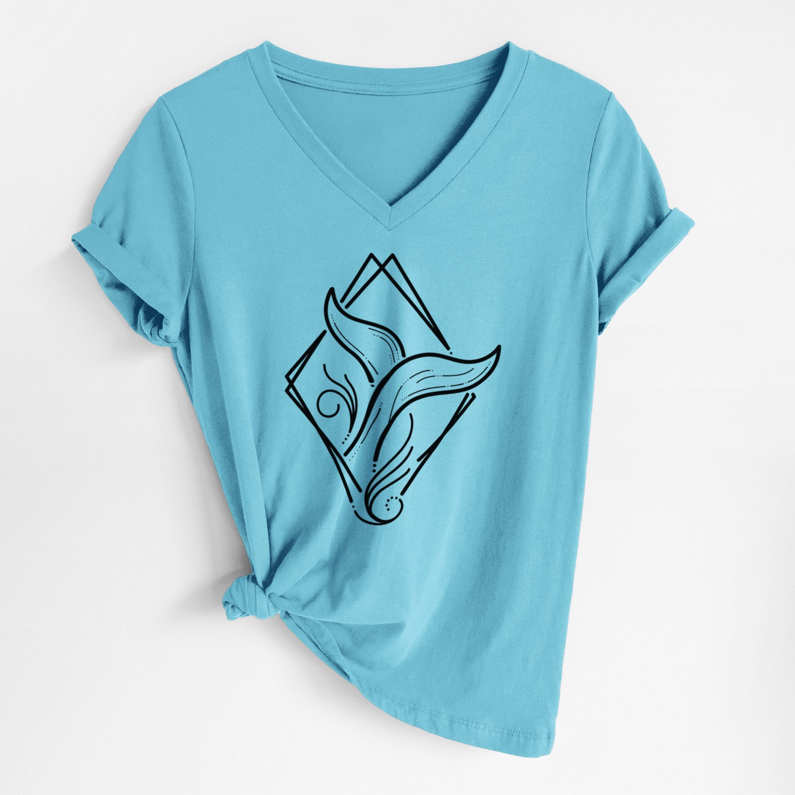 Turquoise women's relaxed fit cotton V-neck t-shirt laid flat, printed with a black line art whale tail rising from a wave inside a diamond outline.