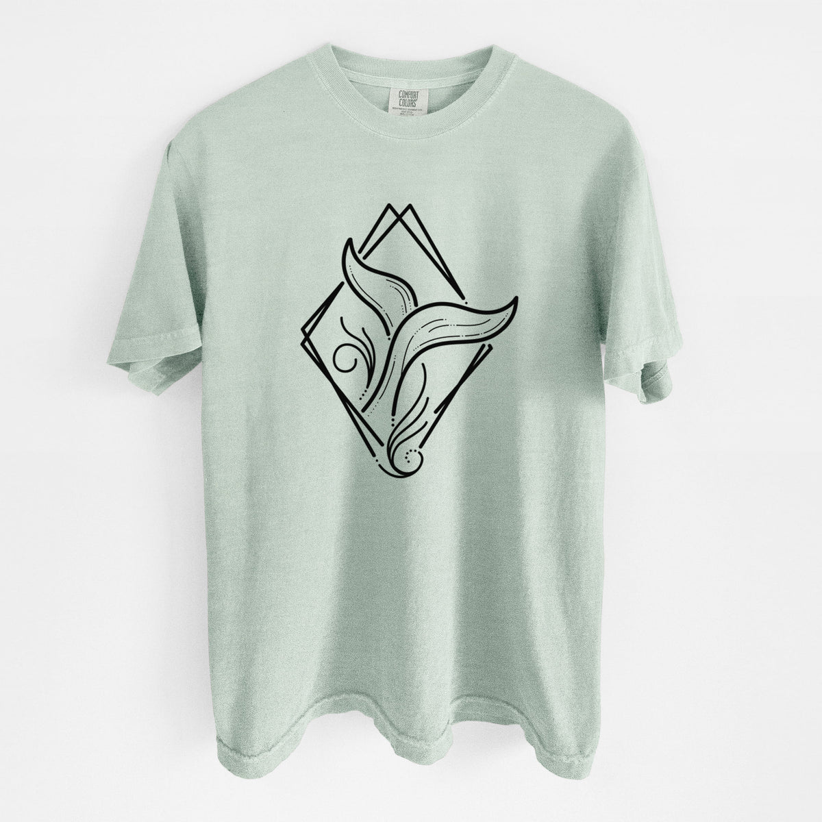 Bay green Comfort Colors t-shirt laid flat, printed with a black line art whale tail rising from a wave inside a diamond outline.