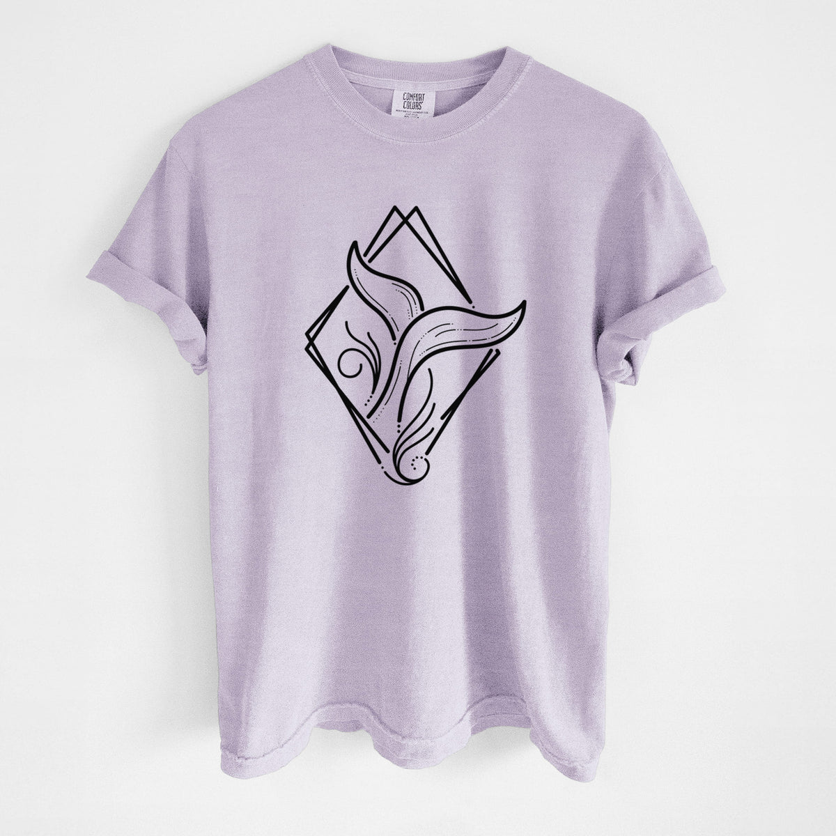 Orchid purple Comfort Colors t-shirt laid flat, printed with a black line art whale tail rising from a wave inside a diamond outline.