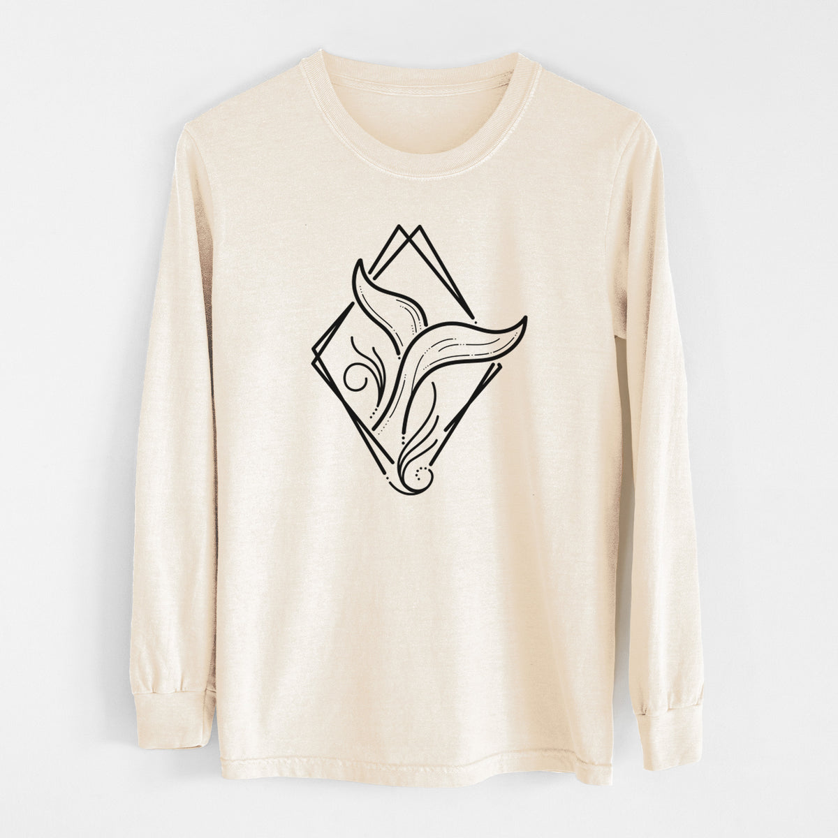 Ivory Comfort Colors long sleeve shirt laid flat, printed with a black line art whale tail rising from a wave inside a diamond outline.