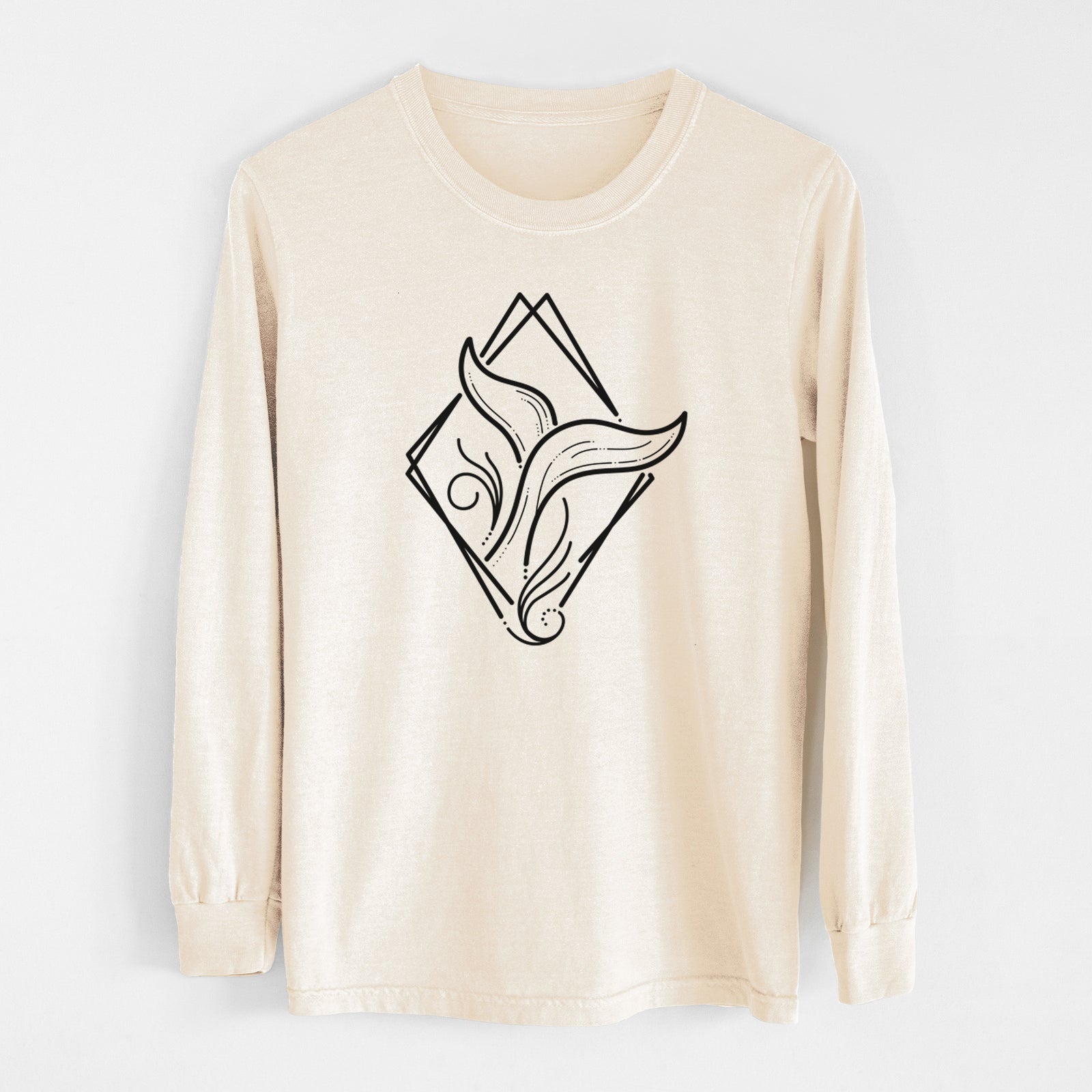 Ivory Comfort Colors long sleeve shirt laid flat, printed with a black line art whale tail rising from a wave inside a diamond outline.