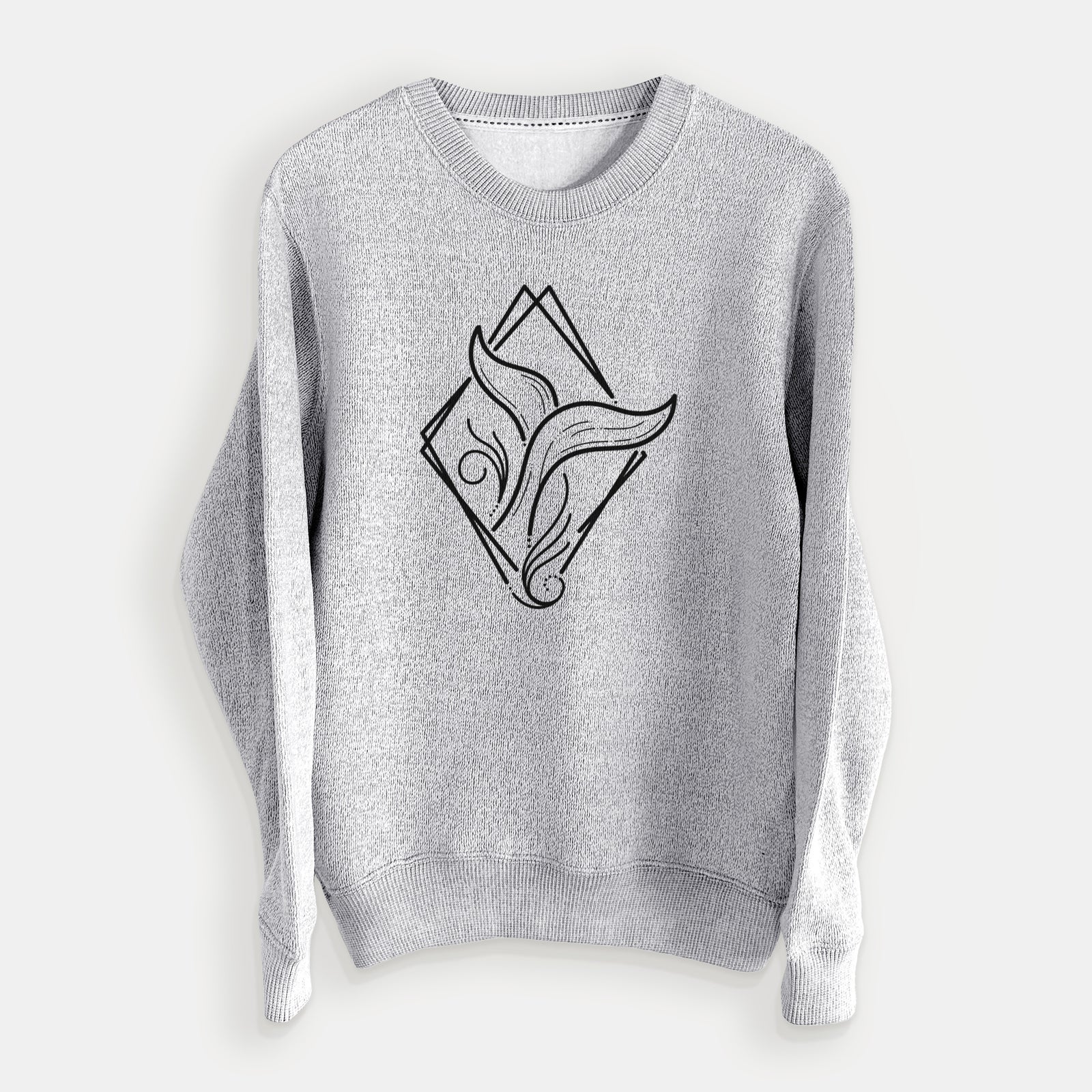 Salt and pepper knit sweatshirt laid flat, printed with a black line art whale tail rising from a wave inside a diamond outline.
