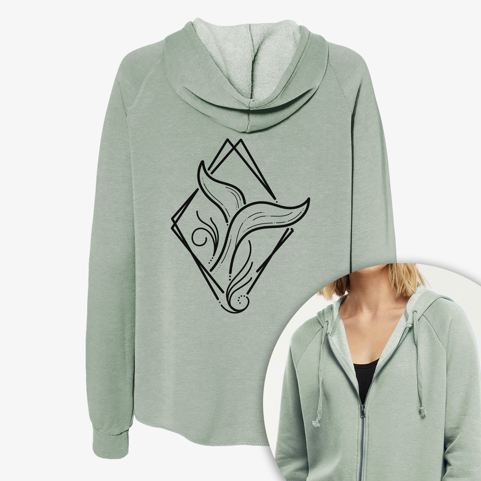 Women's Cali Wave zip-up sweatshirt printed with a black line art whale tail rising from a wave inside a diamond outline, with a close-up of the zipper.