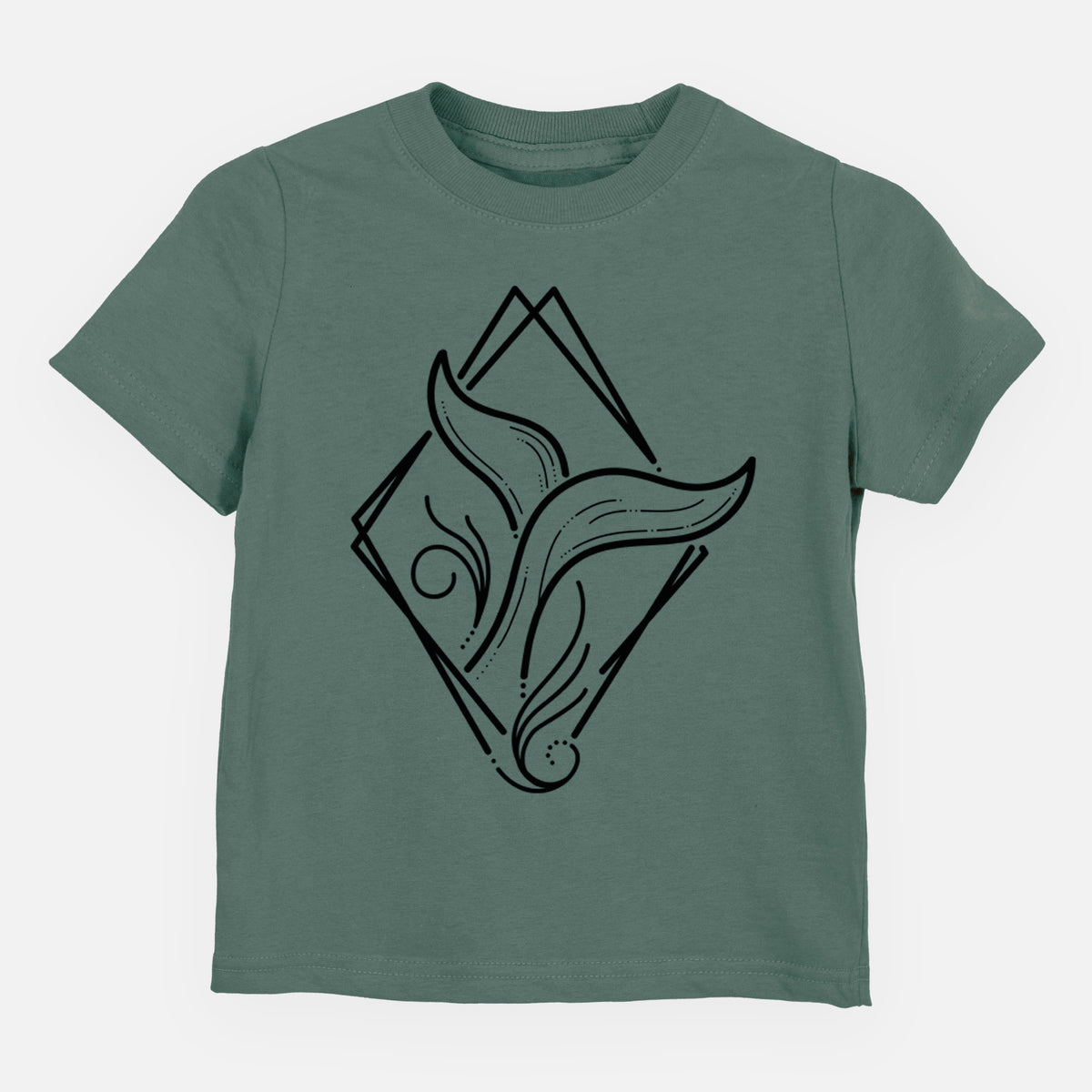 Basil green toddler t-shirt laid flat, printed with a black line art whale tail rising from a wave inside a diamond outline.