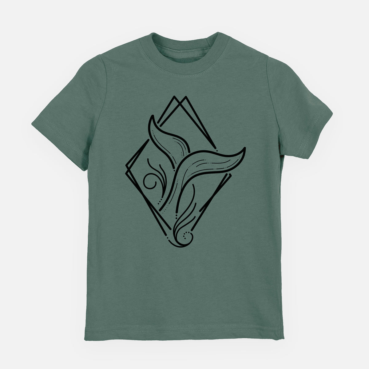 Basil green youth t-shirt laid flat, printed with a black line art whale tail rising from a wave inside a diamond outline.
