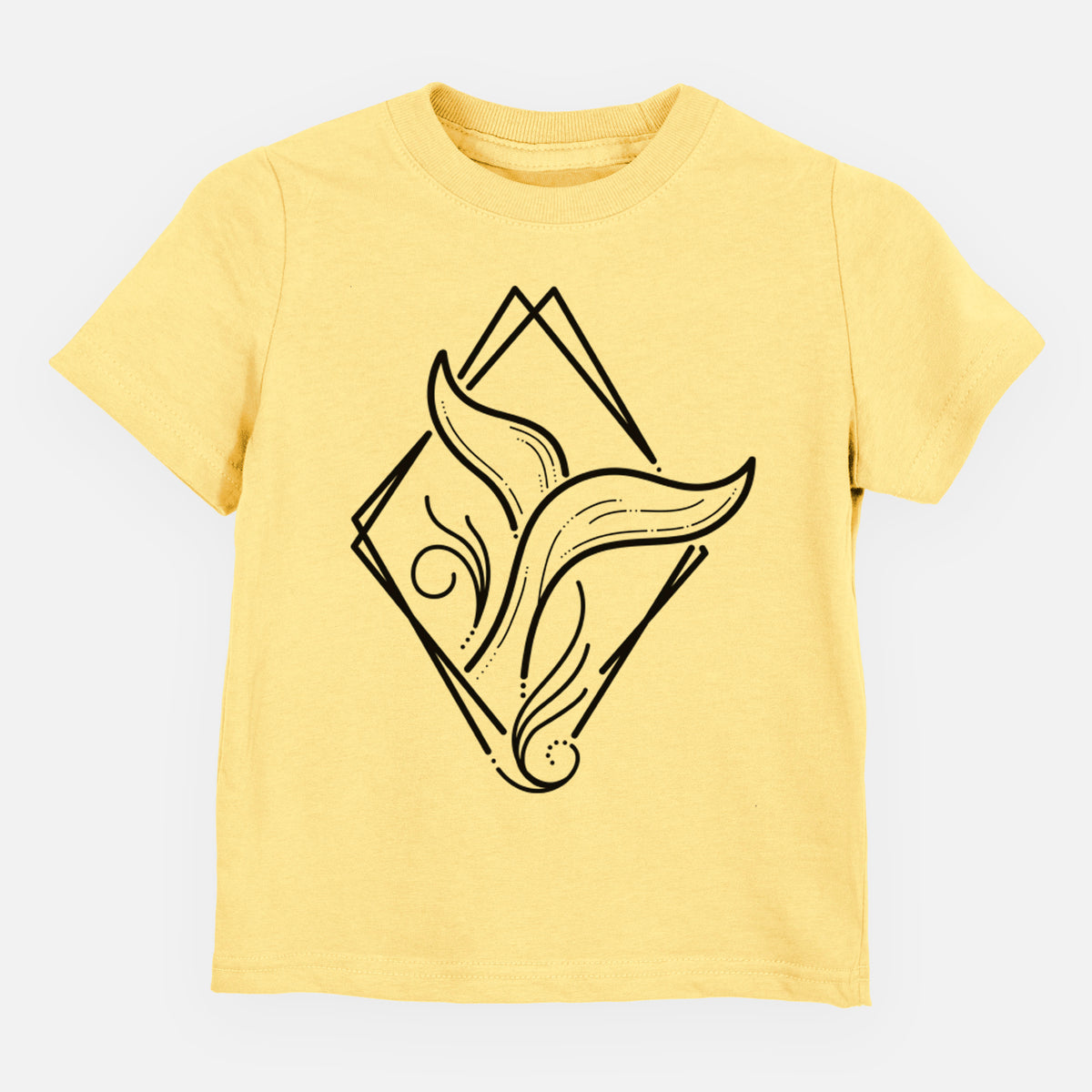 Butter yellow toddler t-shirt laid flat, printed with a black line art whale tail rising from a wave inside a diamond outline.
