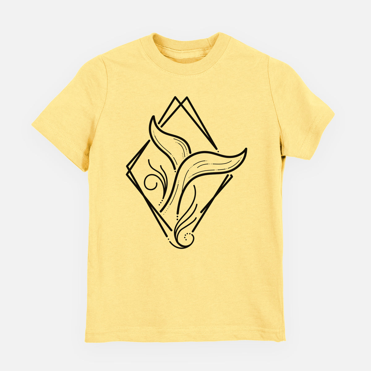Butter yellow youth t-shirt laid flat, printed with a black line art whale tail rising from a wave inside a diamond outline.
