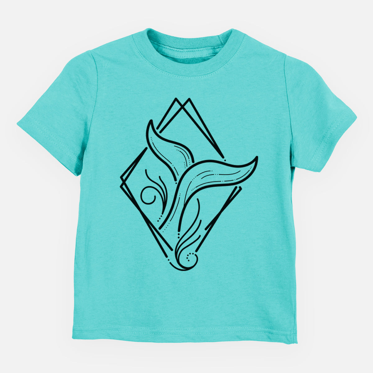 Caribbean blue toddler t-shirt laid flat, printed with a black line art whale tail rising from a wave inside a diamond outline.