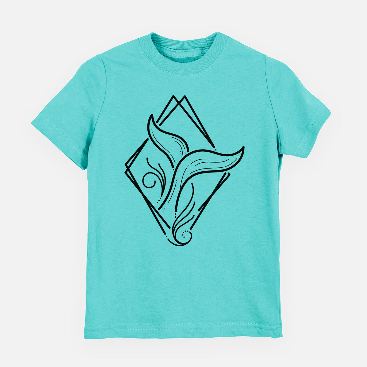 Caribbean blue youth t-shirt laid flat, printed with a black line art whale tail rising from a wave inside a diamond outline.