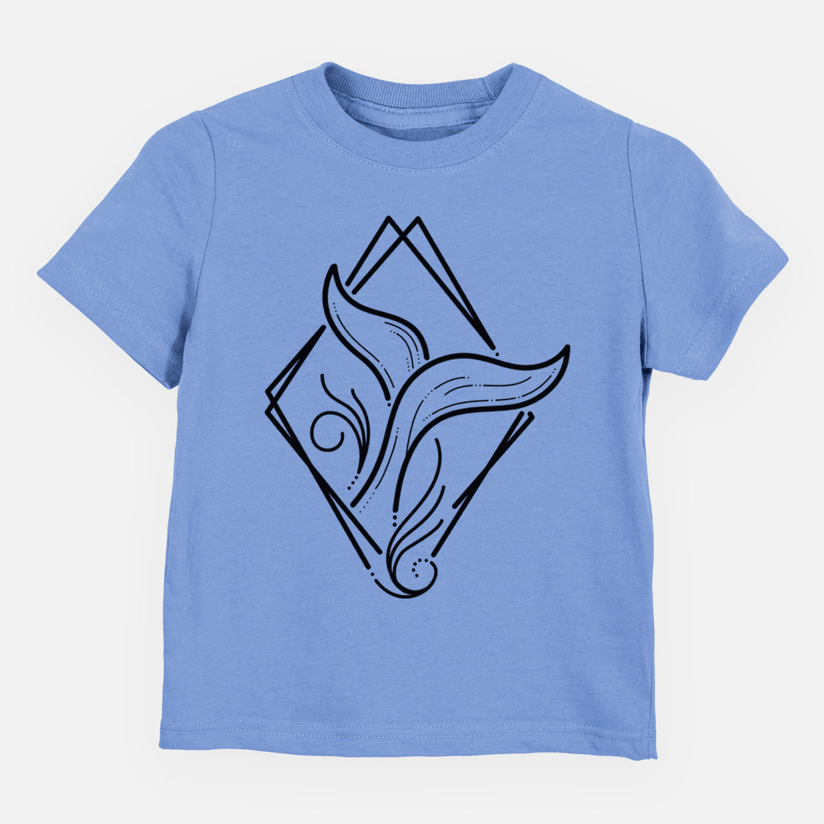 Carolina blue toddler t-shirt laid flat, printed with a black line art whale tail rising from a wave inside a diamond outline.