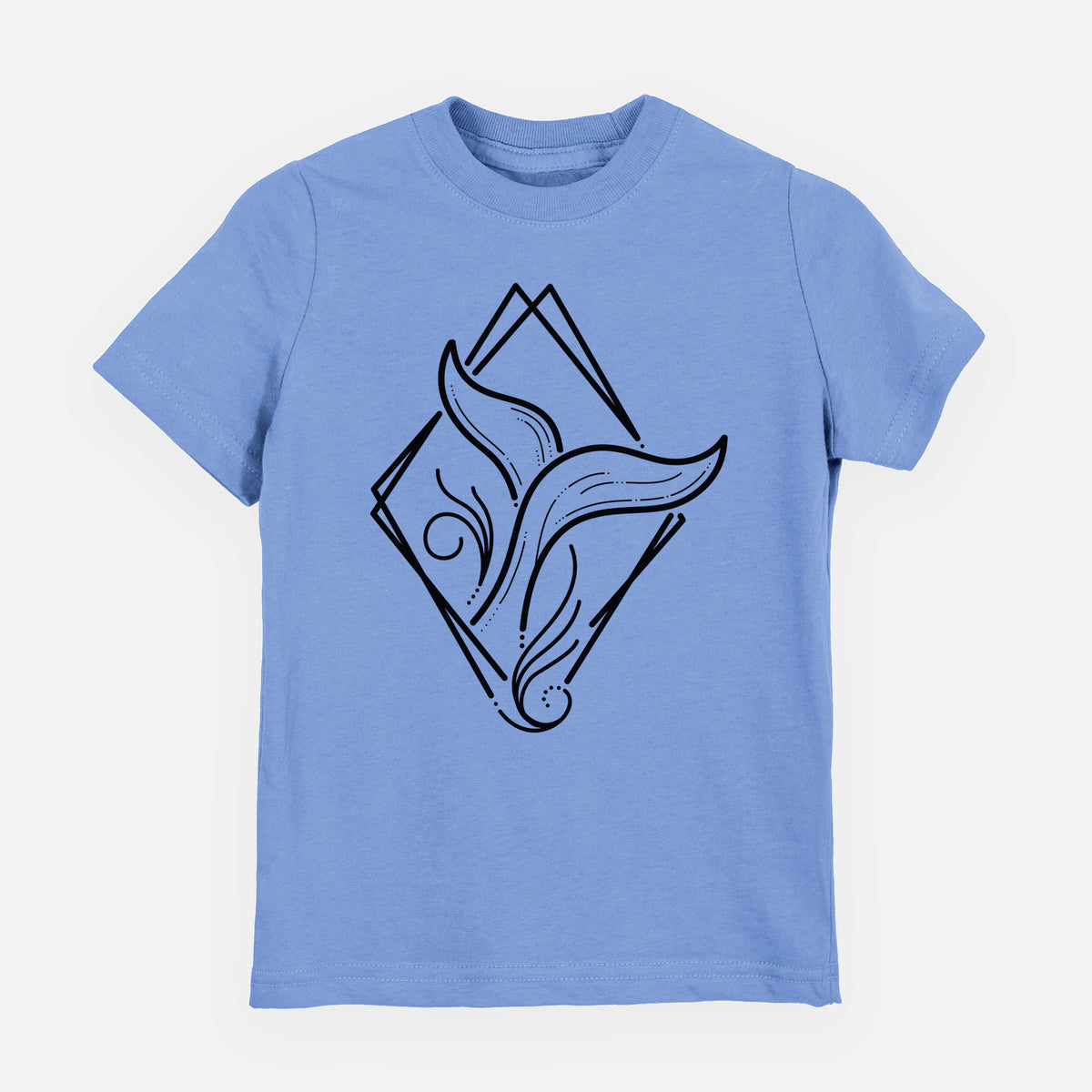 Carolina blue youth t-shirt laid flat, printed with a black line art whale tail rising from a wave inside a diamond outline.