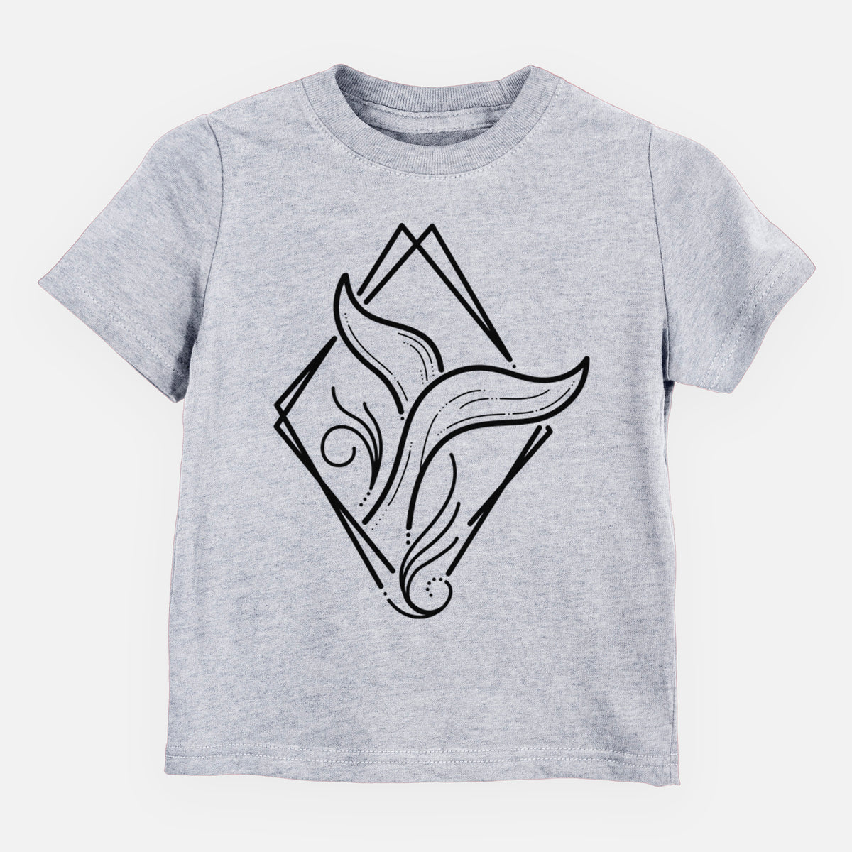 Heather grey toddler t-shirt laid flat, printed with a black line art whale tail rising from a wave inside a diamond outline.
