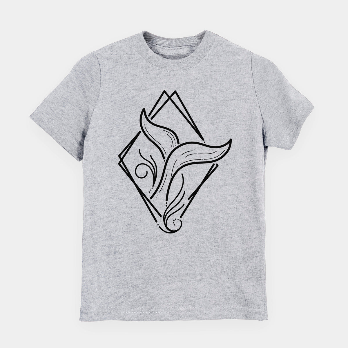 Heather grey youth t-shirt laid flat, printed with a black line art whale tail rising from a wave inside a diamond outline.