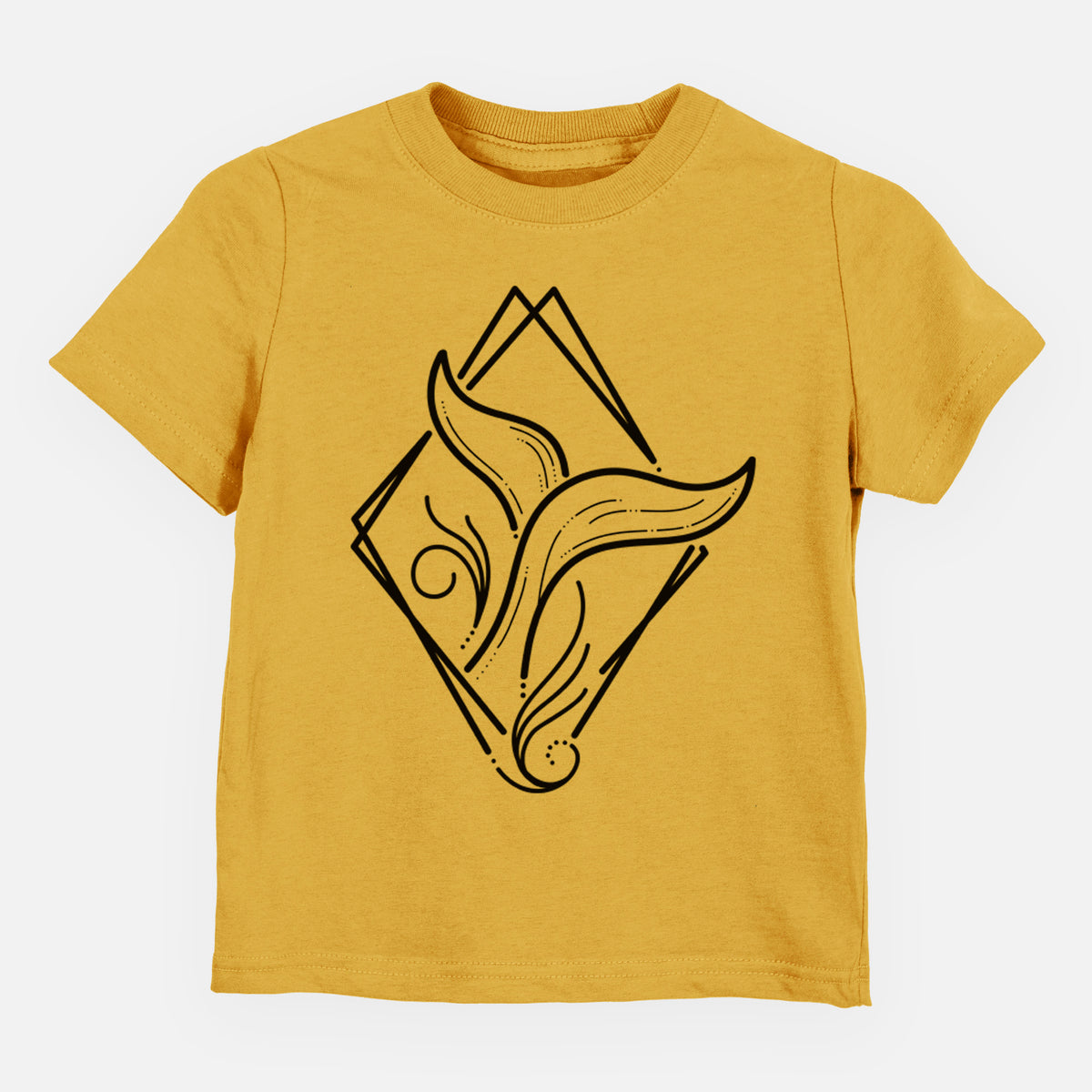 Honeycomb yellow toddler t-shirt laid flat, printed with a black line art whale tail rising from a wave inside a diamond outline.