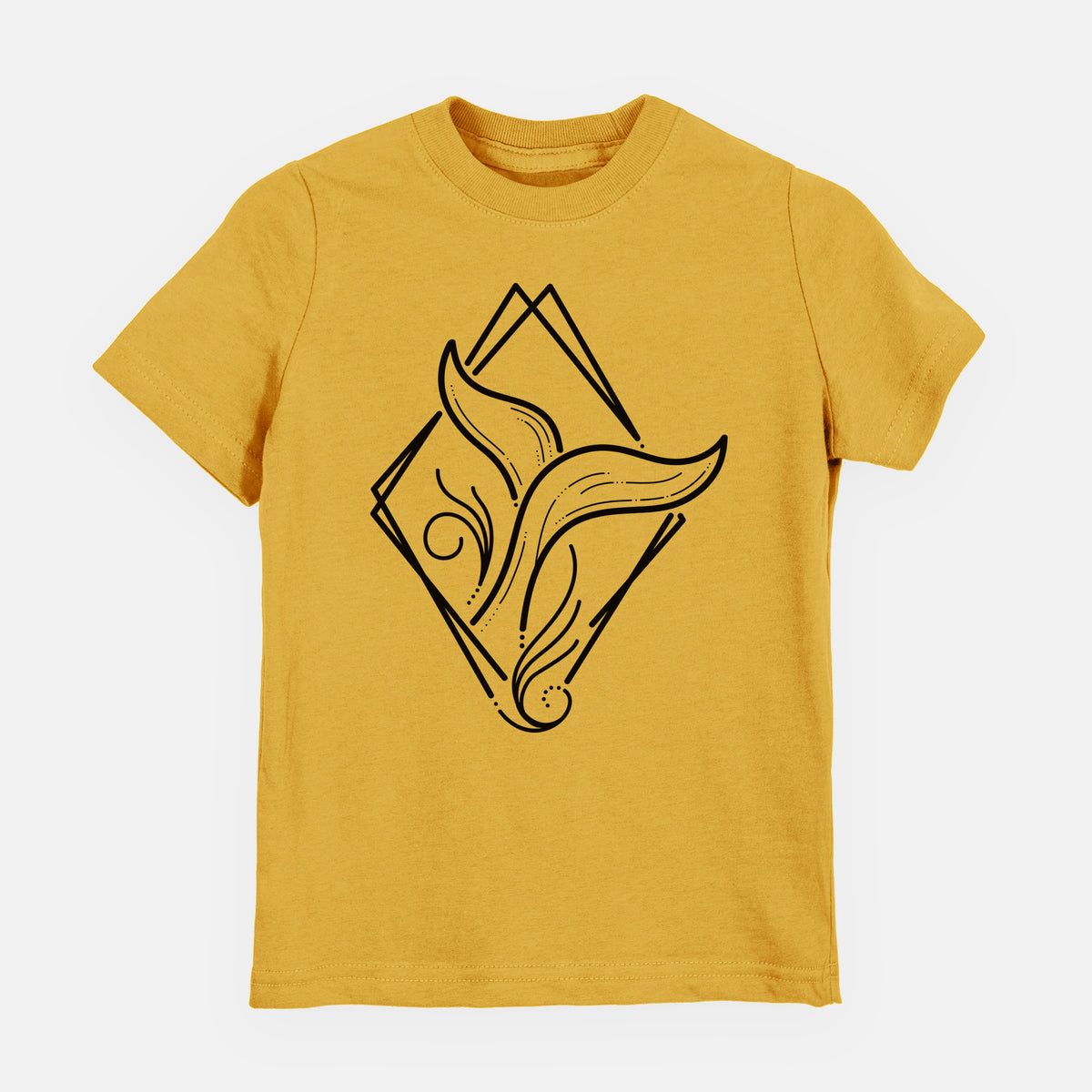 Honeycomb yellow youth t-shirt laid flat, printed with a black line art whale tail rising from a wave inside a diamond outline.