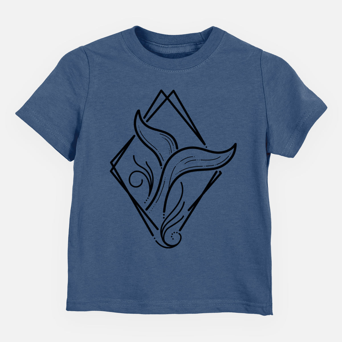 Indigo blue toddler t-shirt laid flat, printed with a black line art whale tail rising from a wave inside a diamond outline.