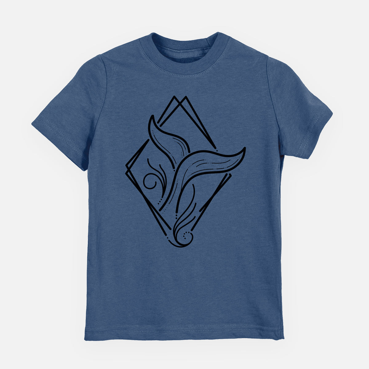 Indigo blue youth t-shirt laid flat, printed with a black line art whale tail rising from a wave inside a diamond outline.