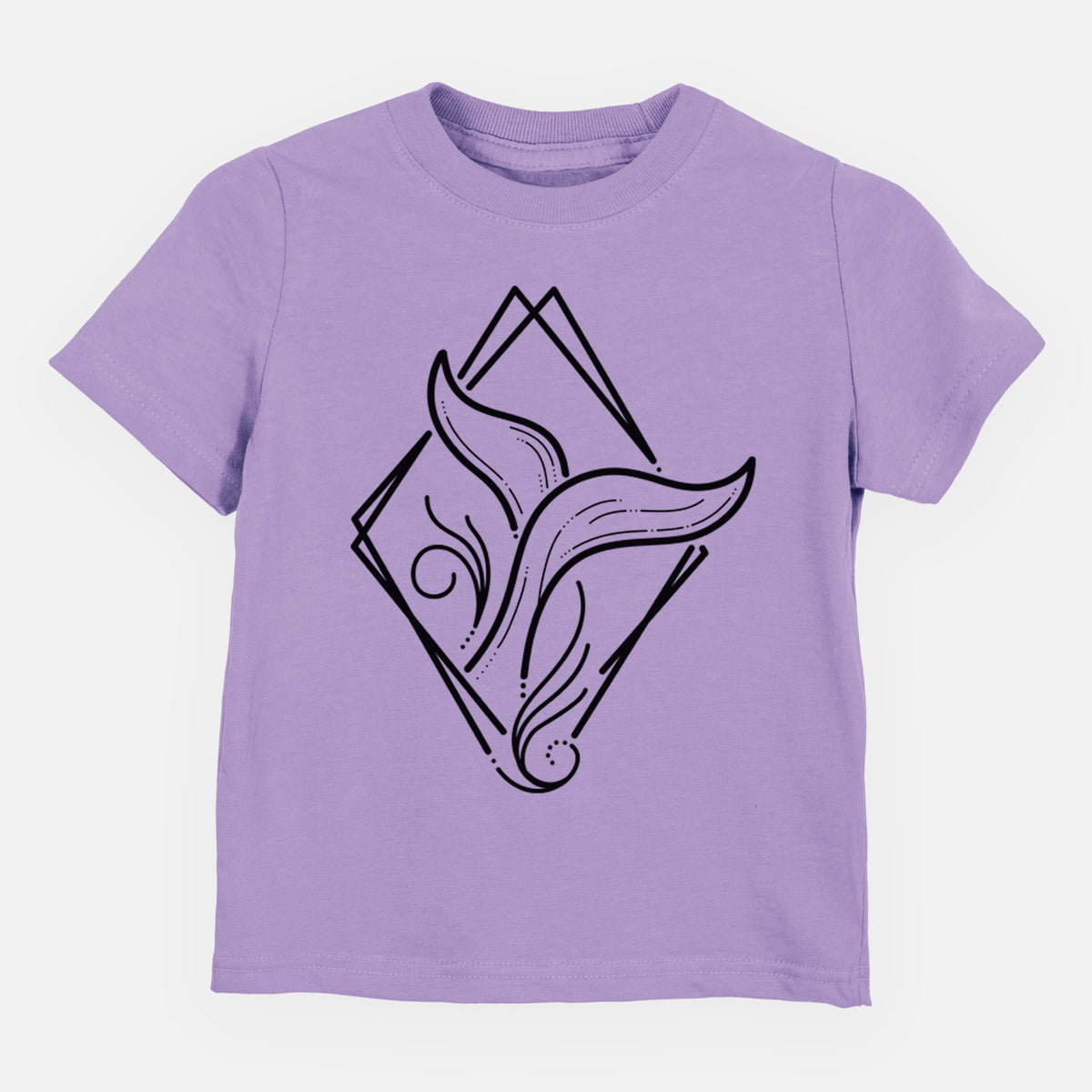 Lavender toddler t-shirt laid flat, printed with a black line art whale tail rising from a wave inside a diamond outline.