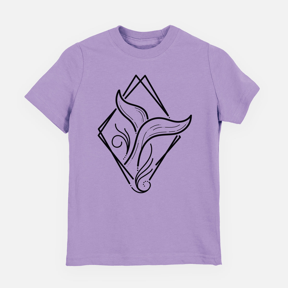 Lavender youth t-shirt laid flat, printed with a black line art whale tail rising from a wave inside a diamond outline.