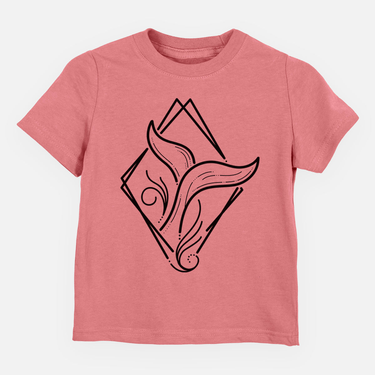Mauve pink toddler t-shirt laid flat, printed with a black line art whale tail rising from a wave inside a diamond outline.